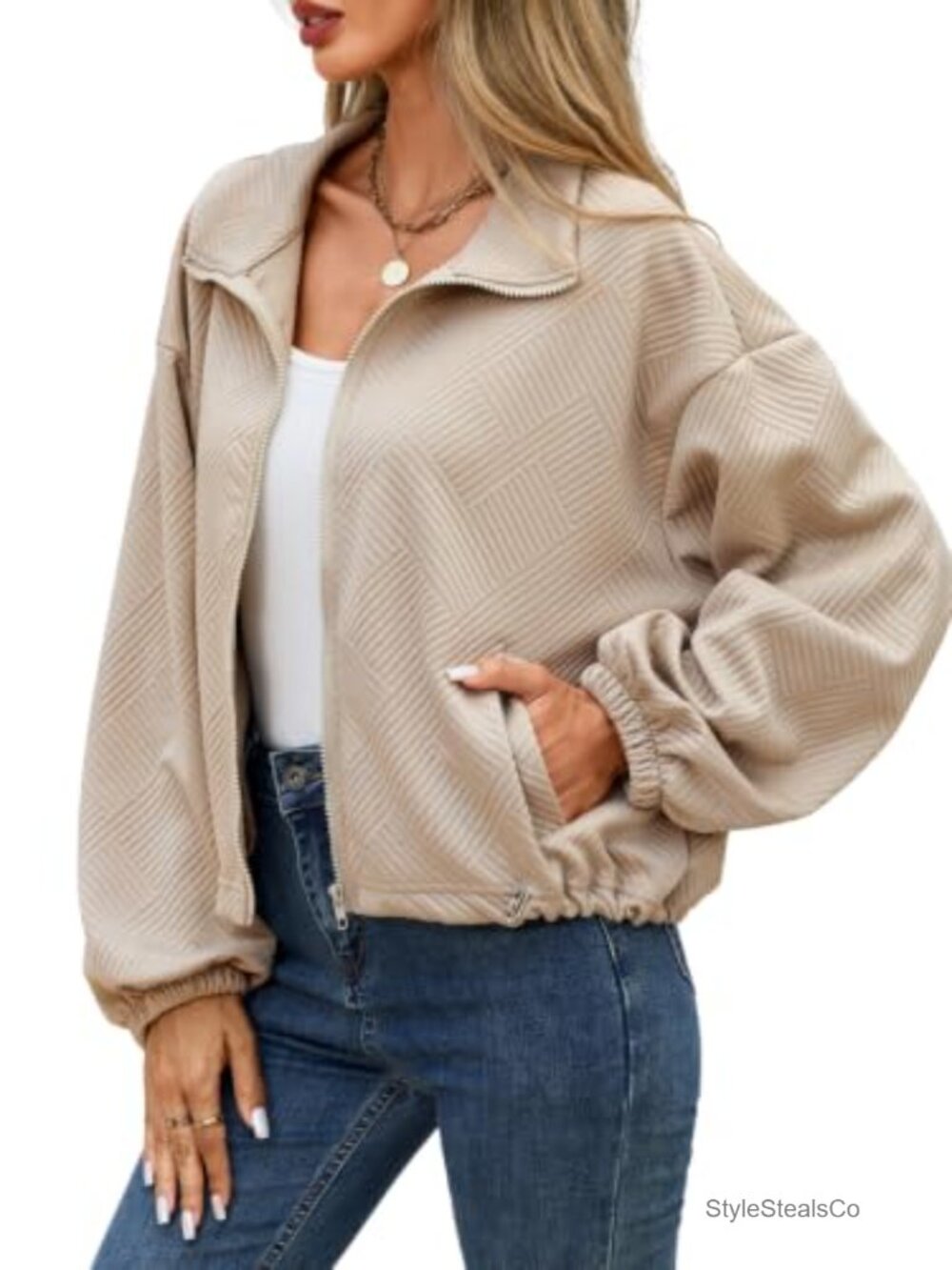 Viscose Polyester Cropped Bomber Jacket Zip Up Loose Fit